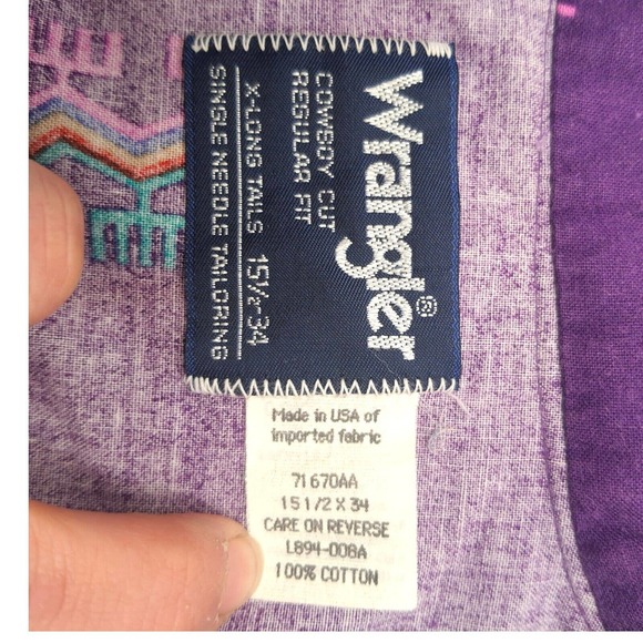 Vintage WRANGLER Cowboy Cut Western Button Down Shirt 15½ 34 X Long Single Stitc - Picture 3 of 16